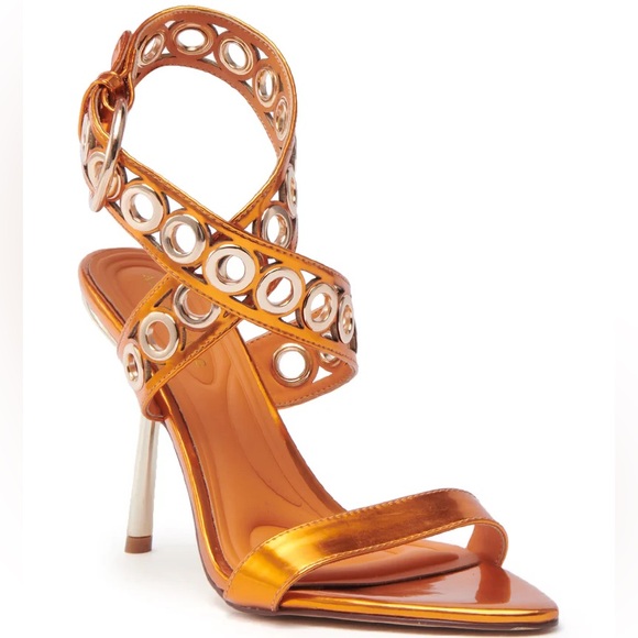 Orange & Metallic Gold Hardware Embellished Stiletto High Heel Sandals - Picture 3 of 5